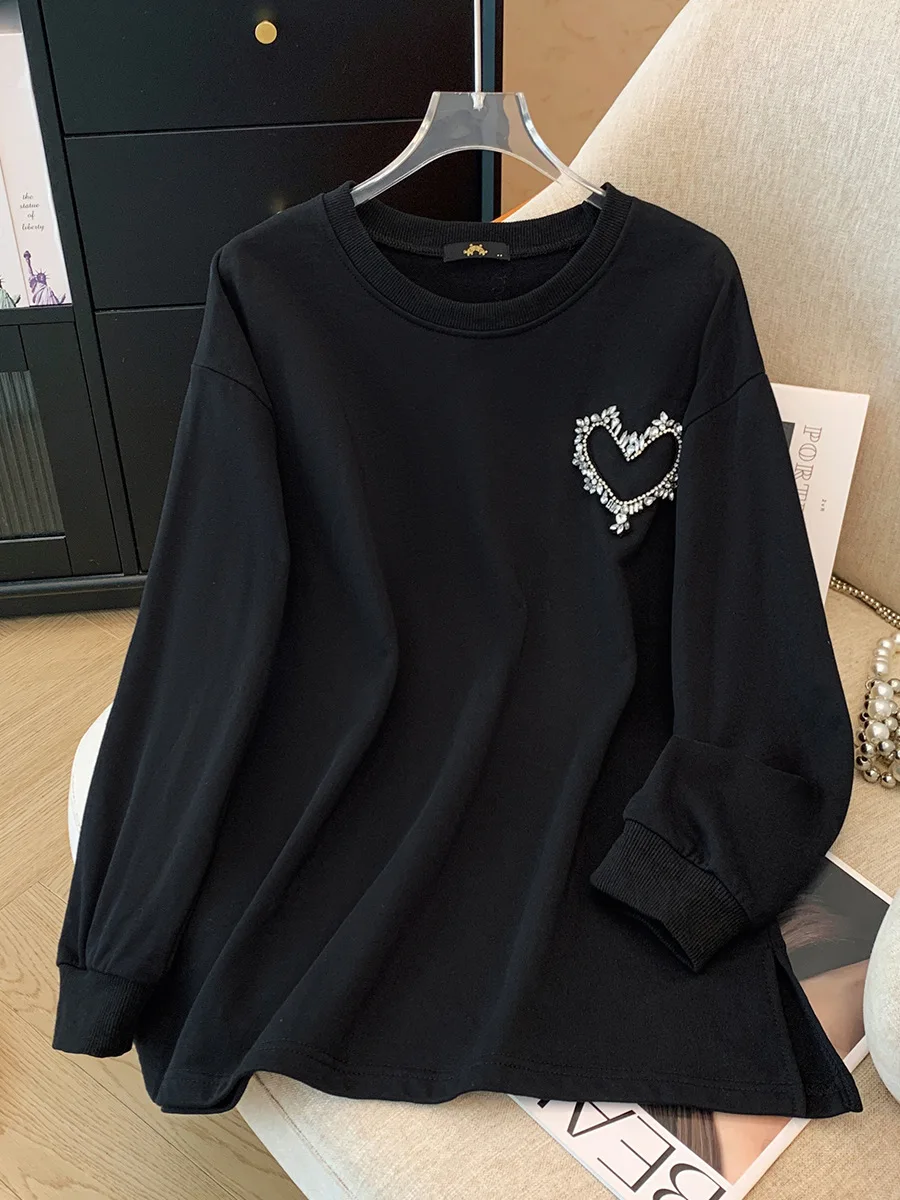 150 kg Plus Size Damska luźna bluza 155, wiosna, jesień, z jasnym diamentowym sercem, czarna 5XL 6XL 7XL 8XL 9XL