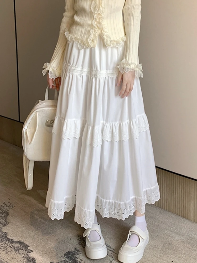 White Long Skirt Women Crochet Lace Skirt 2024 Goth Sweet Spring Summer High Waisted Ruched Ruffle A-Line Pleated Skirts rok