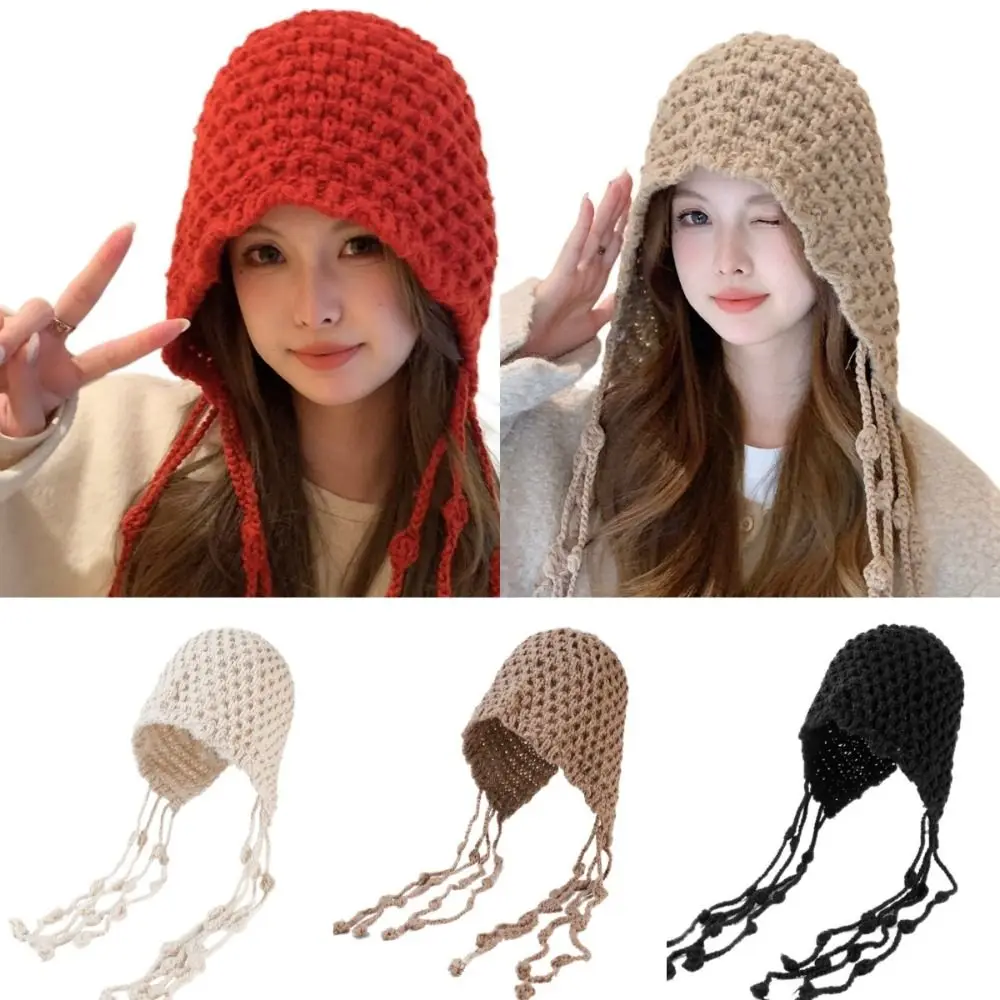 Sweet Handmade Warm Hat Fried Dough Twists Tassel Hollowed Out Warm Cap Ear Protection Breathable Tassel Ball Cap Women's