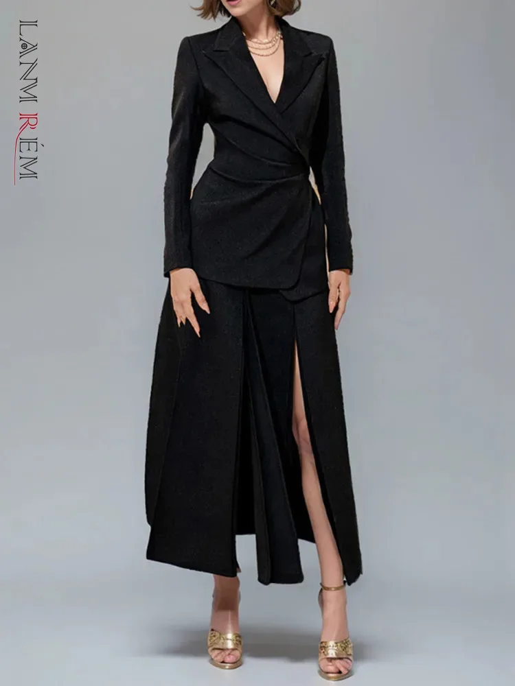 

[LANMREM] Elegant Office Lady 2 Pcs Set Women's Asymmetry Gather Waist Blazers High Waist Split Irregular Skirt 2024 New CPDB080