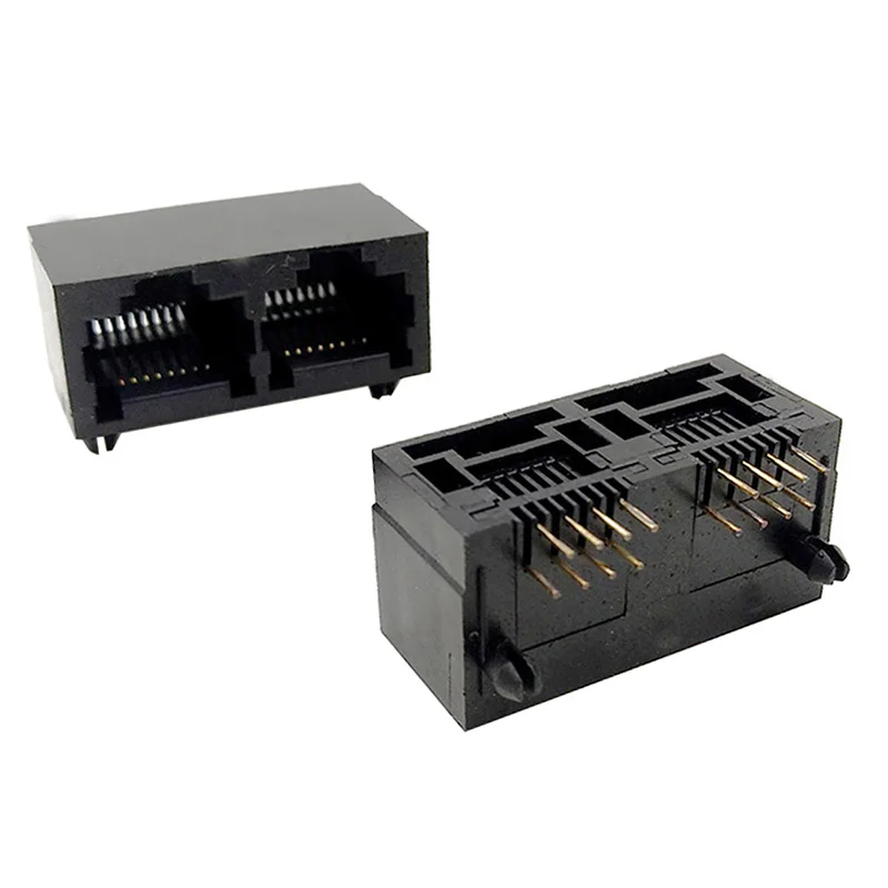 RJ45 network socket with plastic network cable interface, dual ports 1X2, 90-degree horizontal style, 8P8C DIP plug, L = 15.20