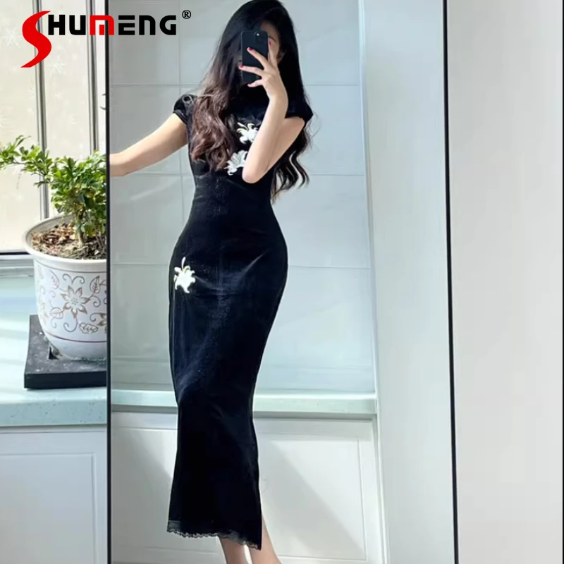 

Japanese Dark Black Style Solid Color Vestidos Y2k Velvet Cheongsam Long Slimming Dress Banquets Evenings Party Dresses Ladies