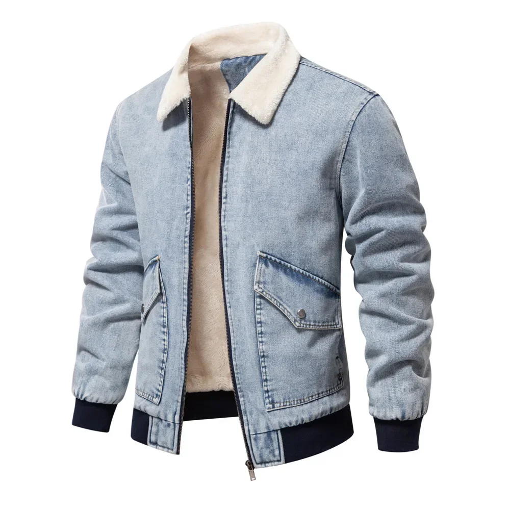 European and American Trendy Youth's New Pure - Color Washed Lapel Fleece - Lined Denim Jacket for Autumn and Winter S-XXL