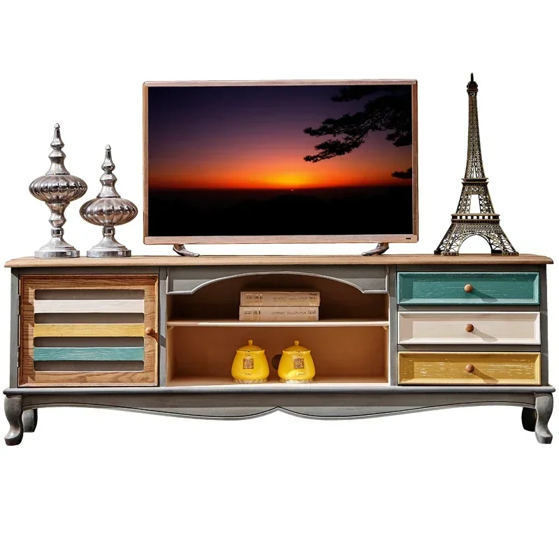 Luxury Aesthetic TV Locker Monitor Stand Wooden American Country TV Cabinet Painted Living Room Mueble Tv Salon Home Furniture