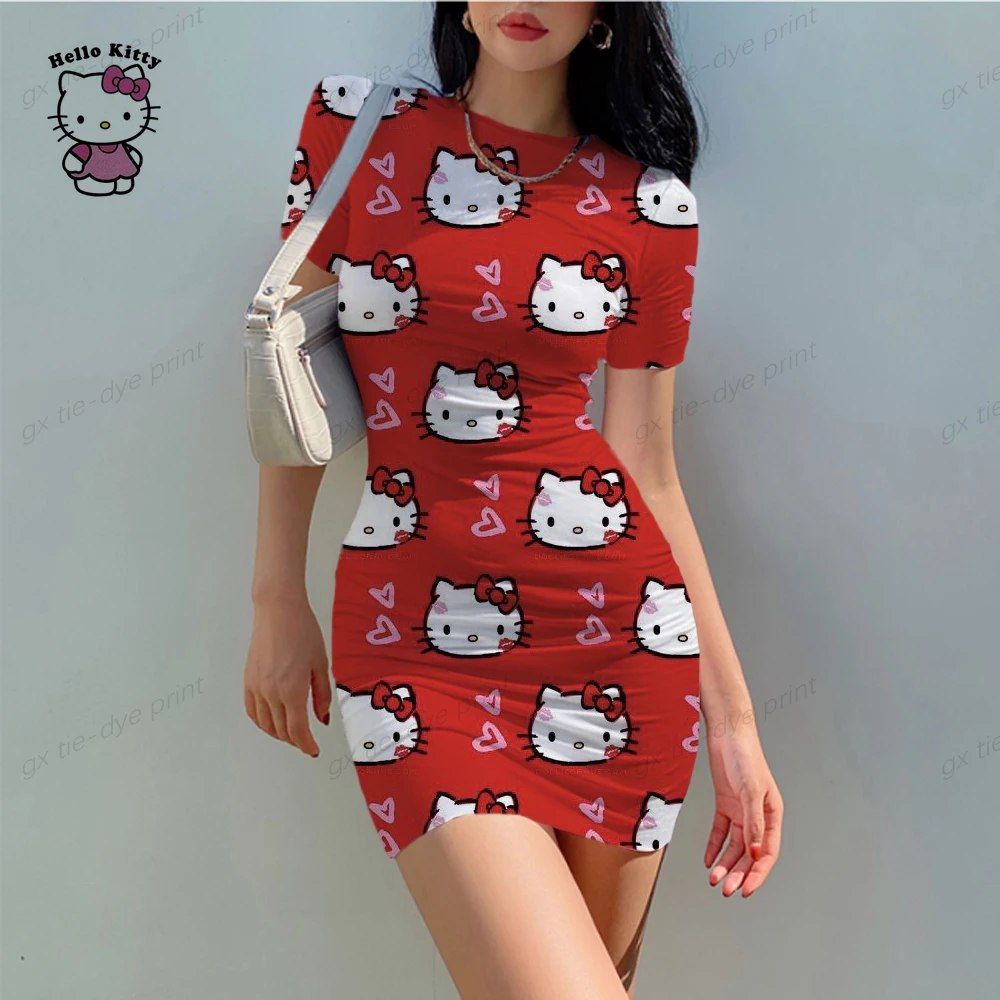 

2024 Hello Kitty 3D Dress Women Lady Girls Summer Sexy Bodycon O-Neck Short Sleeve Slim Polka Mini Pencil Dresses