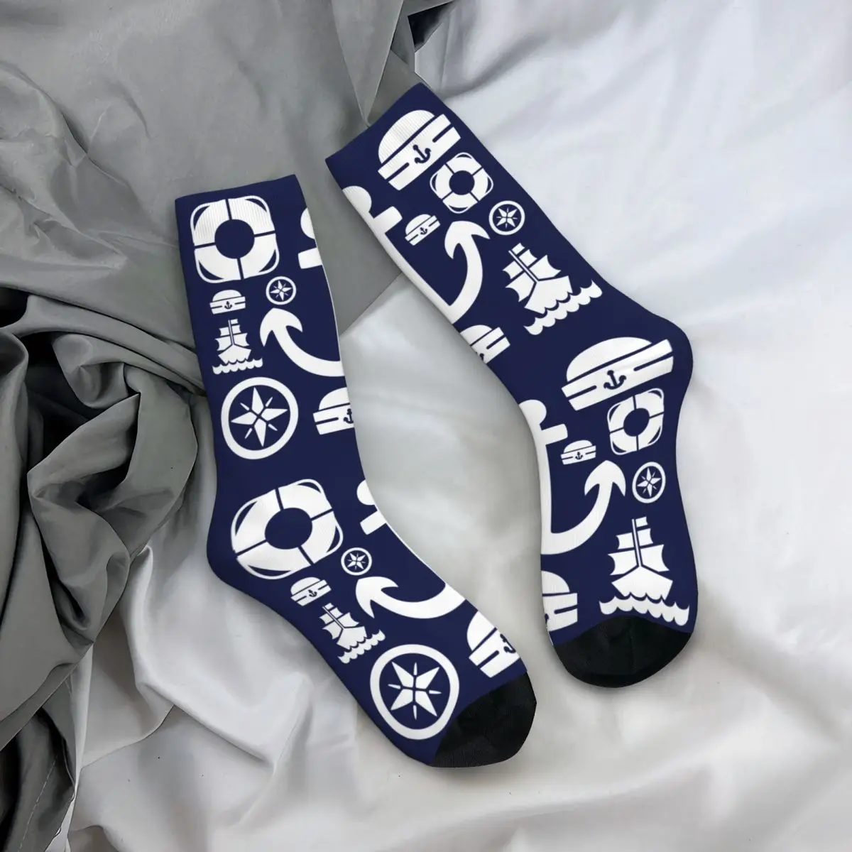 Autumn Winter Colorful Women Men Navy Sailor Element Sea Pattern Socks Compass Anchor Blue Non-slip Middle Tube Socks