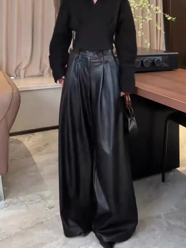 Ele Hong Kong Sle High Waist Straight Leg Bla PU Leather Pants Women's Autumn 2025 Wide Leg Casual Long Trousers