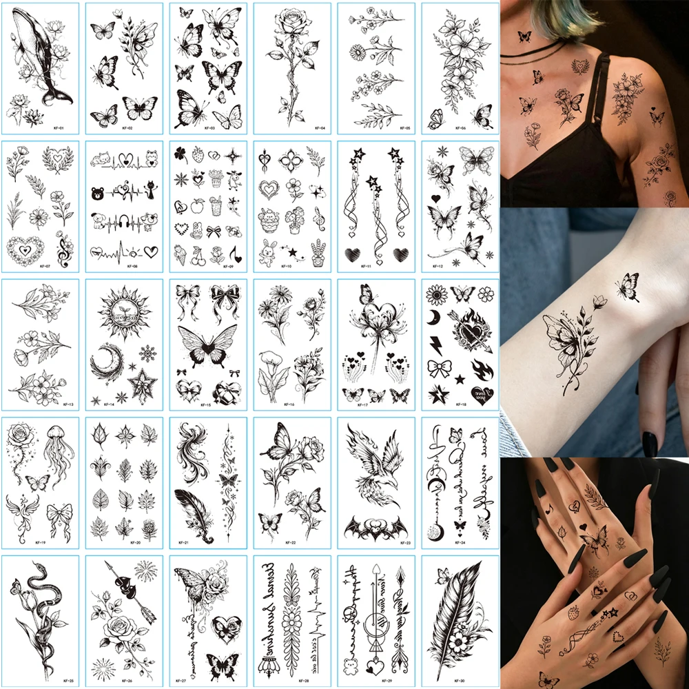 30pcs Black Personalized Tattoo Stickers Flower Plant Butterflies Snake Temporary Tattoos for Women Men Body Art