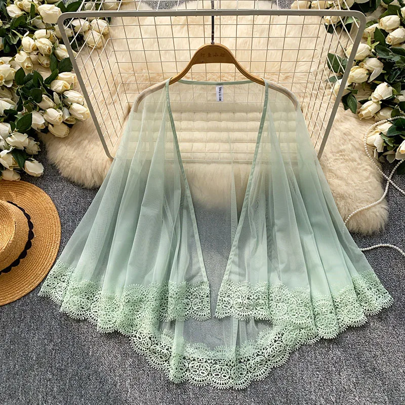 Summer Sweet Wind Transparent Thin White Mesh Cardigan Women's Long Sleeve Loose Sunscreen Air Conditioning Blouse Top C558