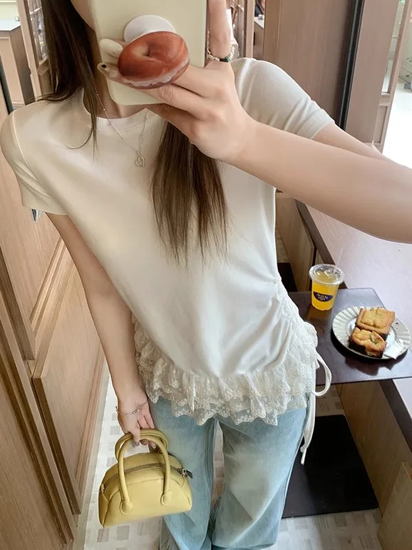 

Pure Desire Lace Trim Pleated ort Sve T-irt Women's Summer New Sweet Spicy Waist Cinching Slimming Versatile Top Trendy