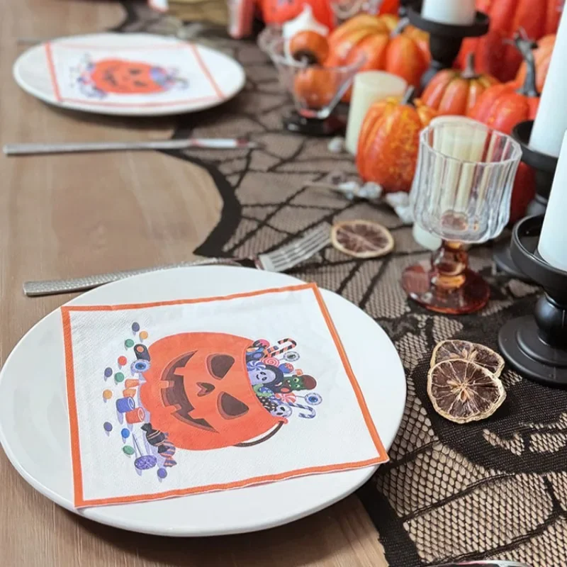 Servilletas de 2 capas para fiesta de Halloween, servilletas de papel con estampado colorido de calabaza, decoración festiva de restaurante,