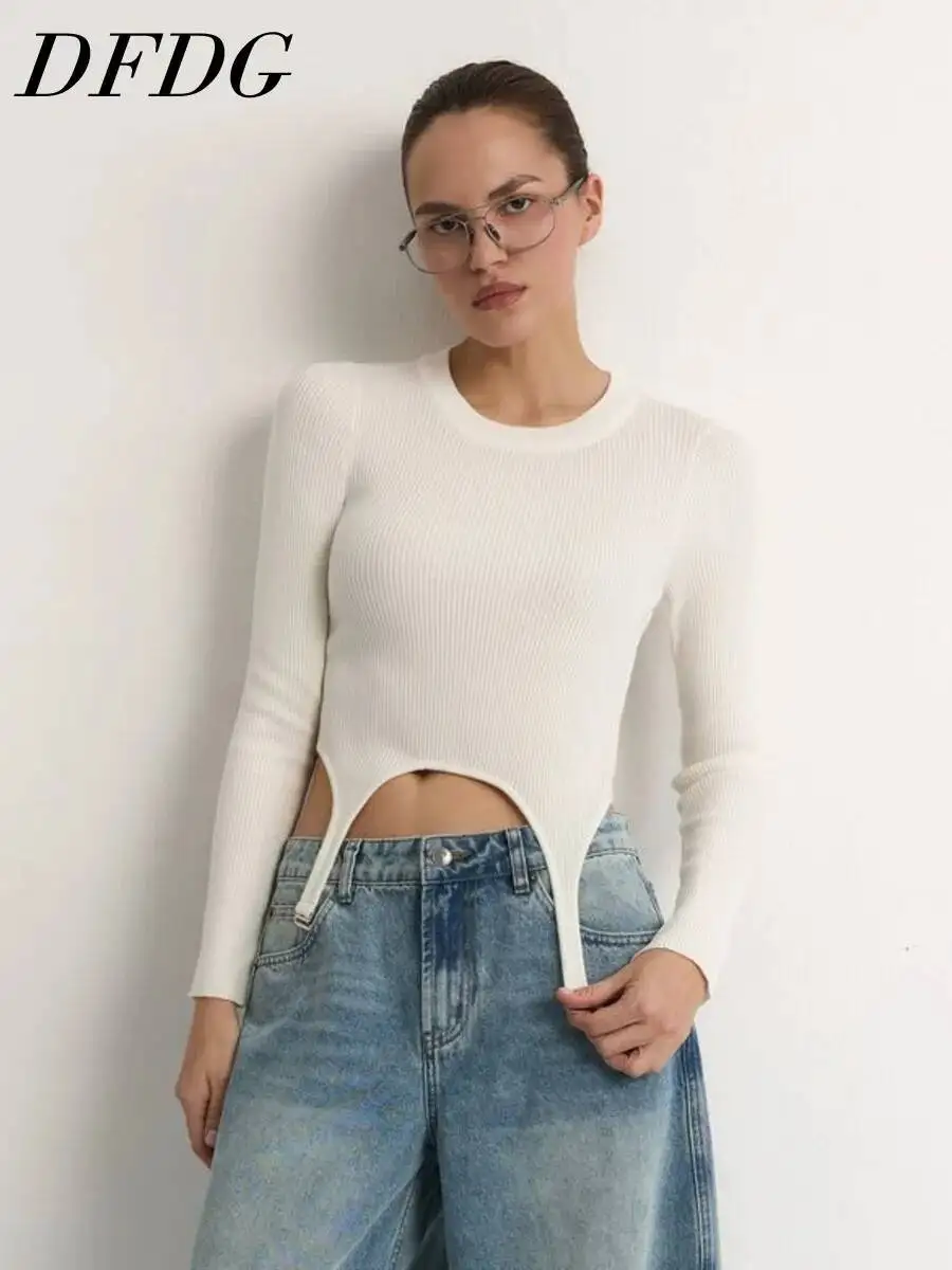 DFDG 2026 Autumn Women Ribbed Knit Crop Top Long Sleeve Round Neck Suspender Cutout Slim Fitted Tee Fashion Casual Ladies Blouse