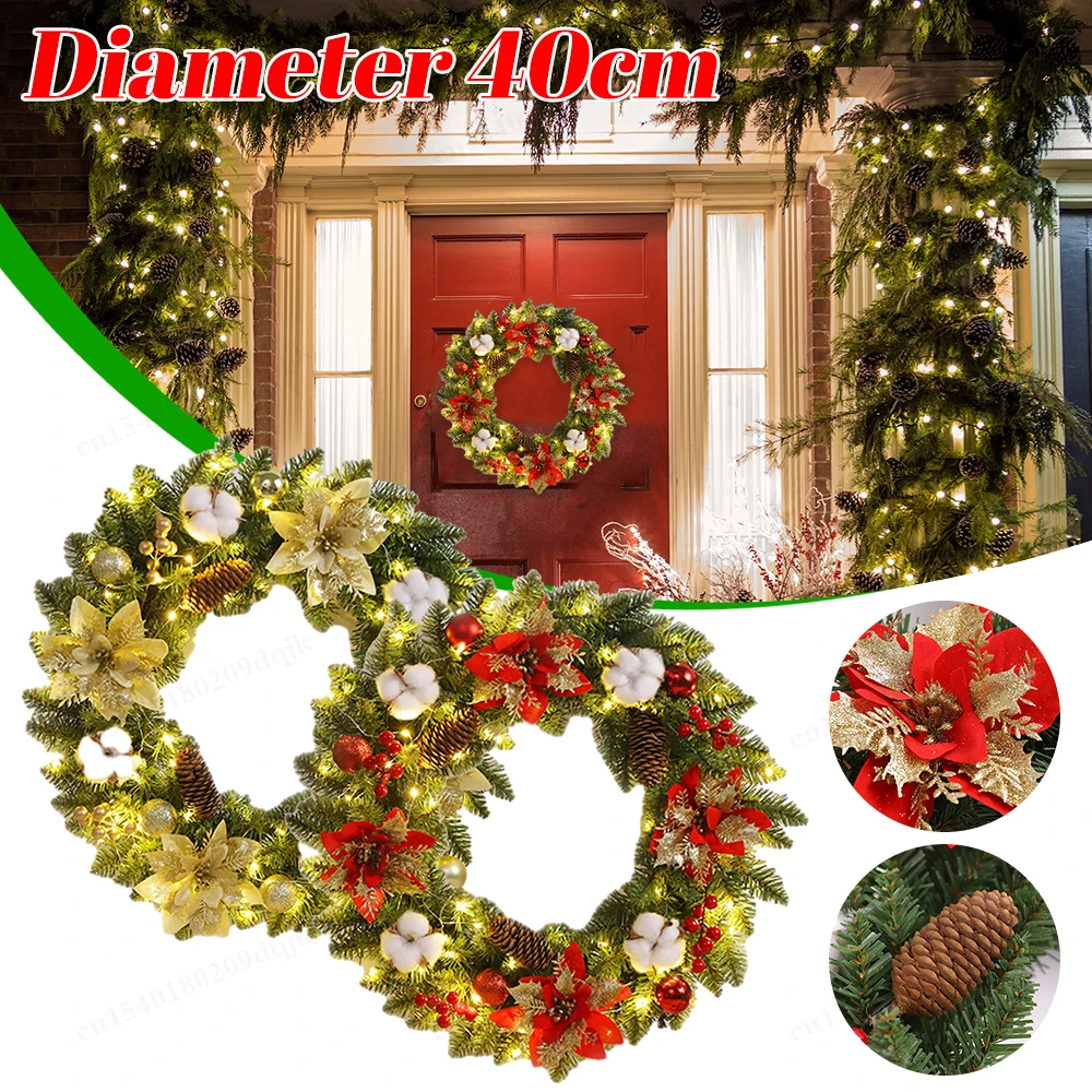 

30/40cm Christmas Pinecone Wreath with Red Berries Artificial Xmas Wreath New Year Party DIY Decoration Add Christmas Vibe Decor