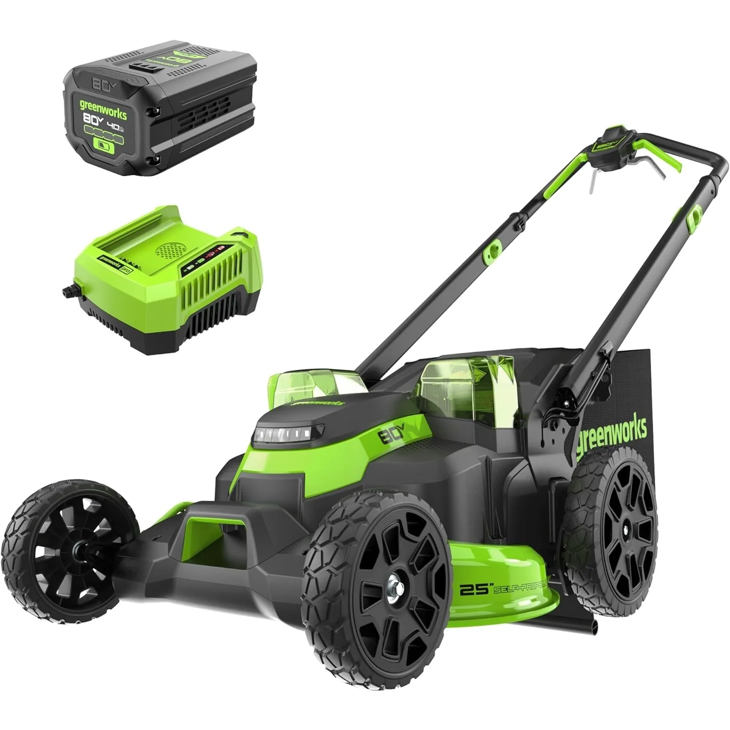 

80V 25" Brushless Cordless Dual Blade Lawn Mower (LED Headlight + Aluminum Handles), 4.0Ah Battery and Rapid Charger Included