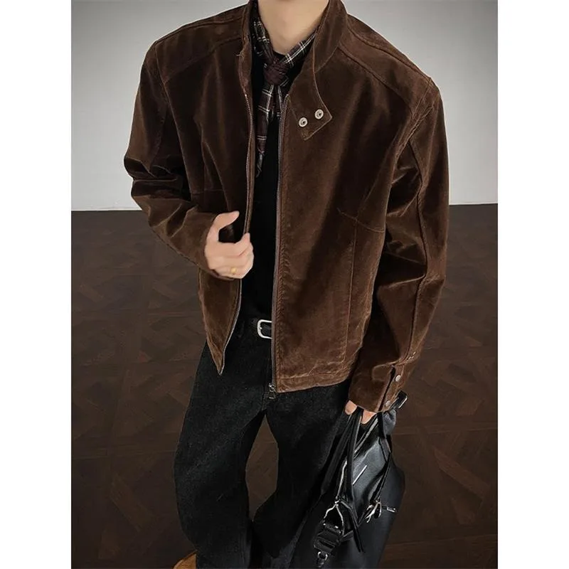 

Retro American Brown Suede Harrington Stand Collar Jaet Men's Autumn New Sle M Fem Couple Outerwear