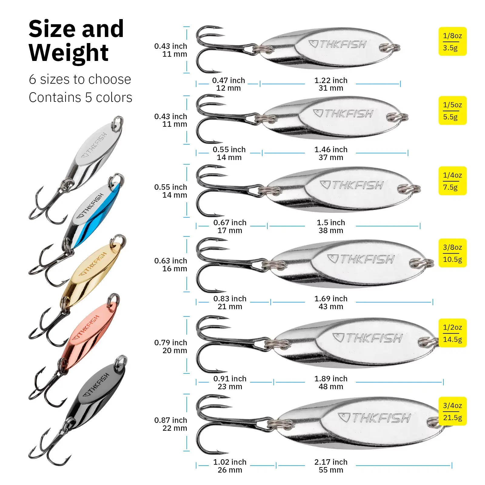 5pcs Metal Spinner Spoon Lures 3.5g 5.5g 7g 10g 14g 21g Fishing Hard Baits Kit With Treble Hook Freshwater Solid Sequin Spoons - view 2