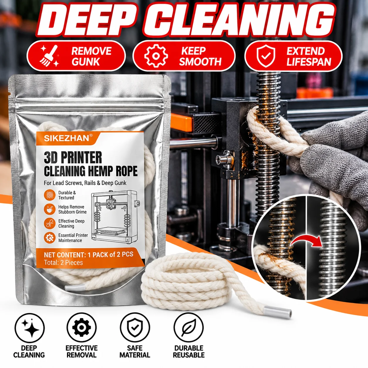 2Pcs 8mm 3D Printer Z-Axis T8 Lead Screw Cleaning Rope Gear Floss Grease Dust Remover for Bambu Lab Creality Ender Anycubic Tool