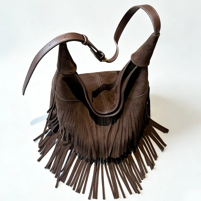 Bohemian Style Faux Suede Tote Bags For Women Luxury Designer Handbag Purses 2026 New In Tassel Large Capacity Underarm Shoulder