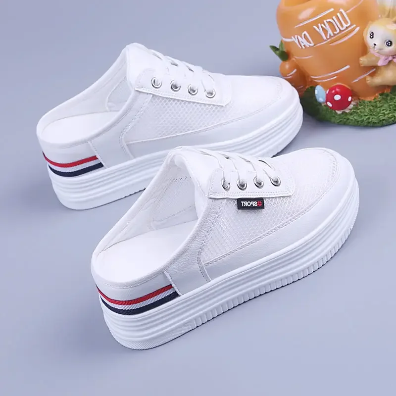 Women Half Slippers Mesh Surface Hollowed Summer Versatile Student Outdoor Breathable Sneaker Closed Toe Mesh Casual Shoes White