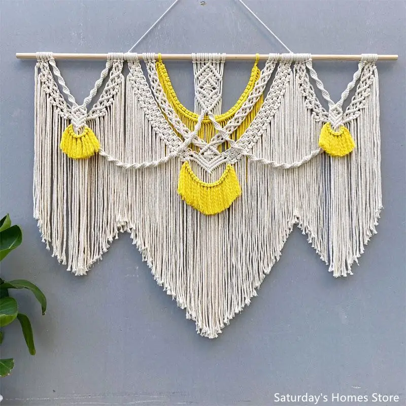 Colorful Cotton Macrame Tapestry Boho Style Wall Hanging Tapestry  Handmade Artistic  Macrame Tapesties with 3 pcs Stick