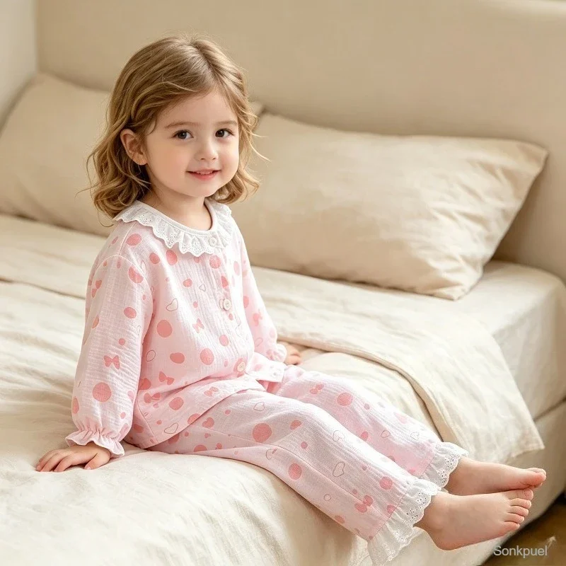 Neue süße Mädchen-Pyjamas mit Blumenmuster, 2-teiliges Set für Kleinkinder, Homewear für Mädchen, dünne Frühlings- und Herbst-Spitzenoberteile mit langen Ärmeln + Hosenanzüge – Detail 12