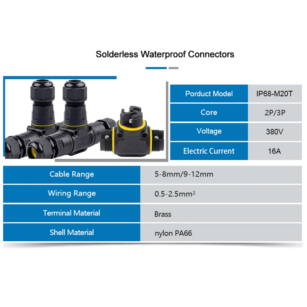 1PCS 2/3 Pin IP68 Assembly Type Waterproof Cable Connector,Outdoor LED Light,Sealed Junction Box,380V,16A,Brass Terminal,T-Type