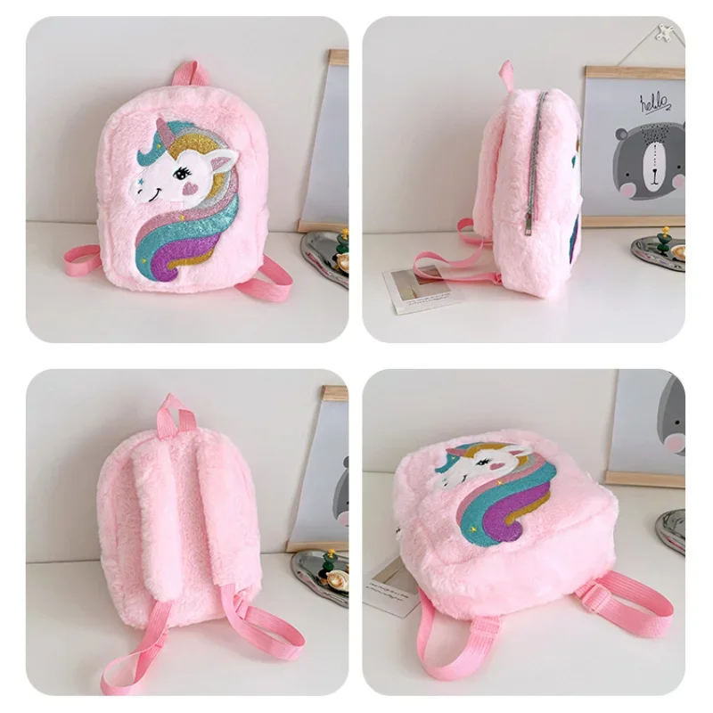 Mochila de dibujos animados de felpa para niñas, bolso escolar de unicornio bordado, mochila ligera colorida para bebé, guardería