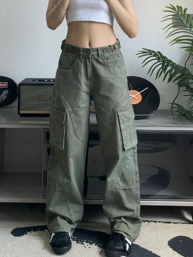 HOUZHOU Y2K Green Cargo Jeans Women Vintage 90s Streetwear Wide Leg Denim Pants High Street Harajuku Multy Pockets Trousers