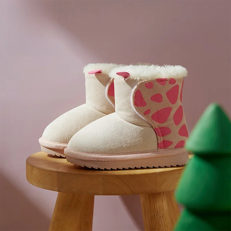 

Snow Boots Toddler Cotton Winter Shoes For Baby Warm Anti-slip Breathable Soft Bottom Velcro Brown Pink Shoes Size 15cm-20cm