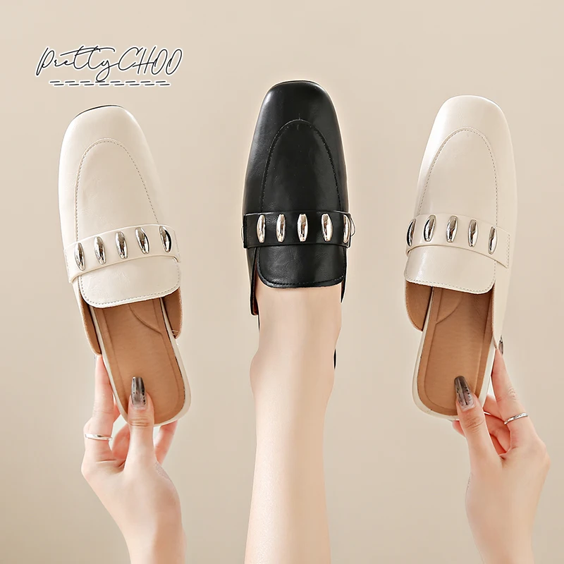 Silver Studs Mules Woman Closed Toe Slip-on Heel Sandals Ladies Elegant Brand Design Outdoor Slide Shoes with Metal Buckle Chain