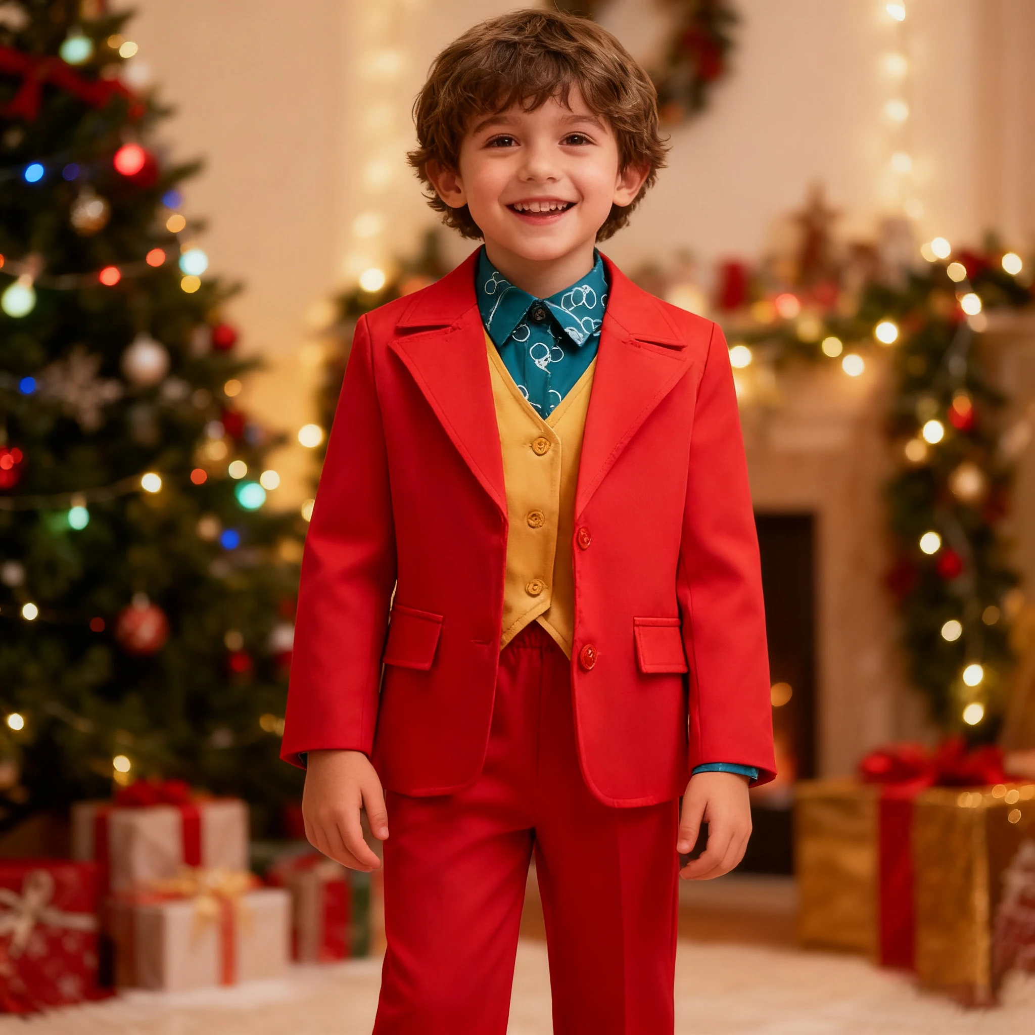 

Рождественский Джокер для мальчиков, красное пальто, желтый жилет, костюмы, костюм Санта-Клауса, зеленая рубашка, униформа, брюки, красные наряды для вечеринки на Хэллоуин