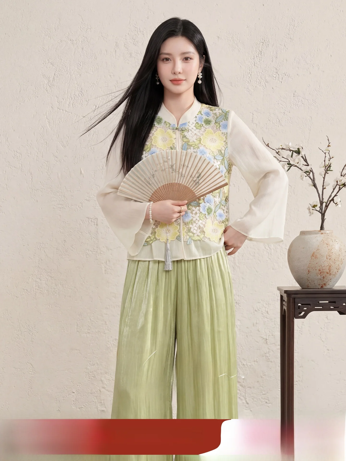 

plus Size Women's Summer Outfit New Chinese Style Printed Vest Wide Leg Pants Two Piece Set High Waist Long Pants Commute Style