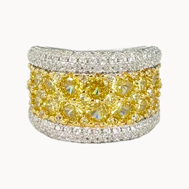 Huitan Damen-Ring in zwei Farben, schlichter Stil, eingelegt mit glänzendem gelbem Zirkonia, modisch, für Hochzeit, Party, vielseitiges Zubehör, Schmuck – Detail 3