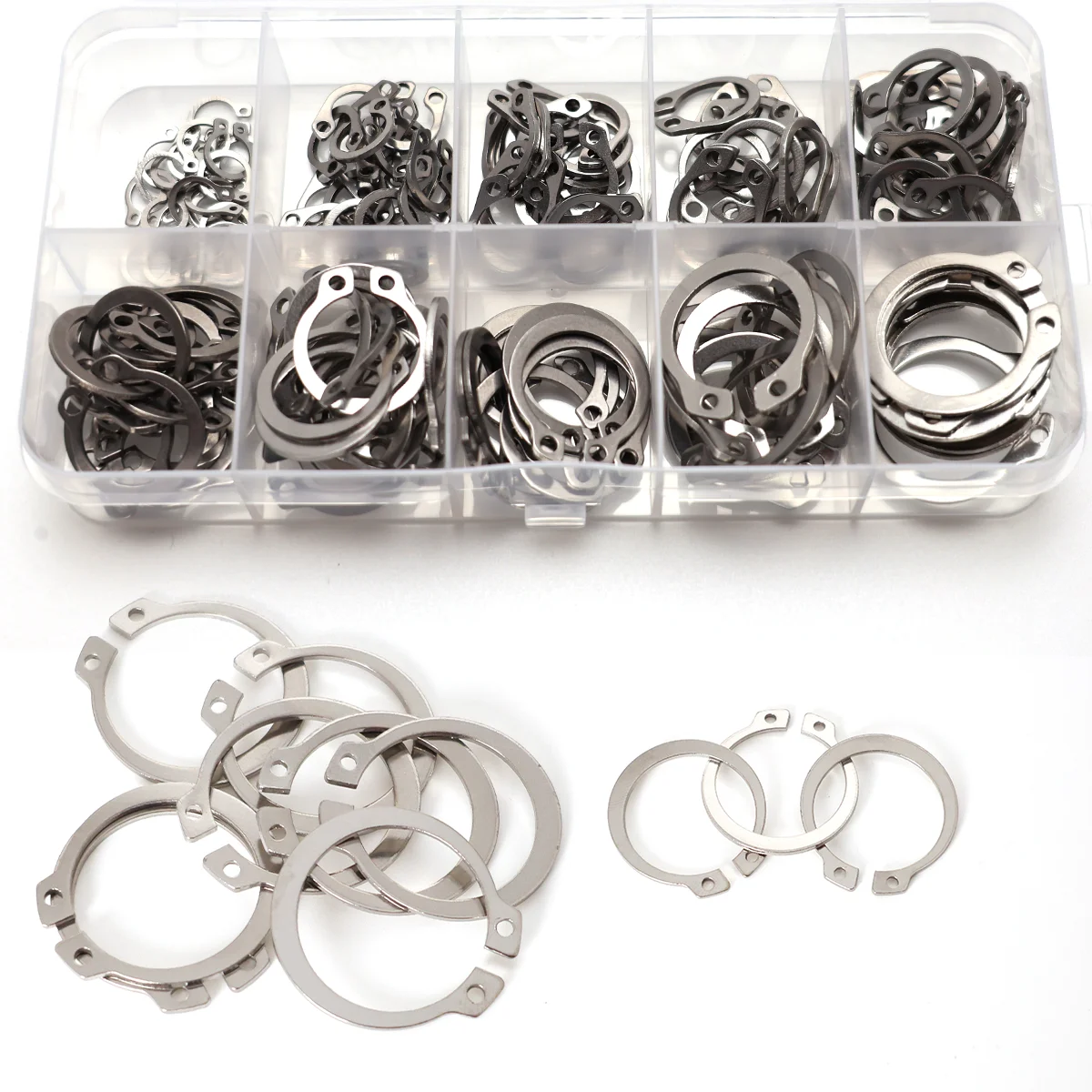 100-Piece Stainless Steel Circlip Kit, External/Internal Fixing, C-Type Circlip Lock, Circlip Set, Hole, Shaft, Washer