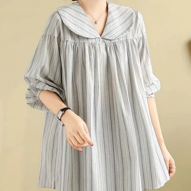 

Повседневная свободная рубашка в полоску, весна-лето, стильная женская одежда с рукавами 3/4, универсальная блузка с воротником Питера Пэна