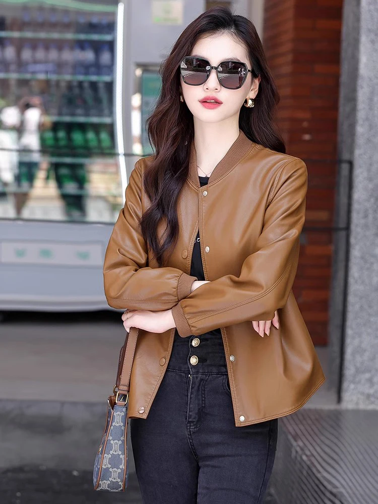 New Women Casual Leather Jacket Spring Autumn Fashion Patchwork V-Neck Single Breasted Loose Short Outerwear Split Leather