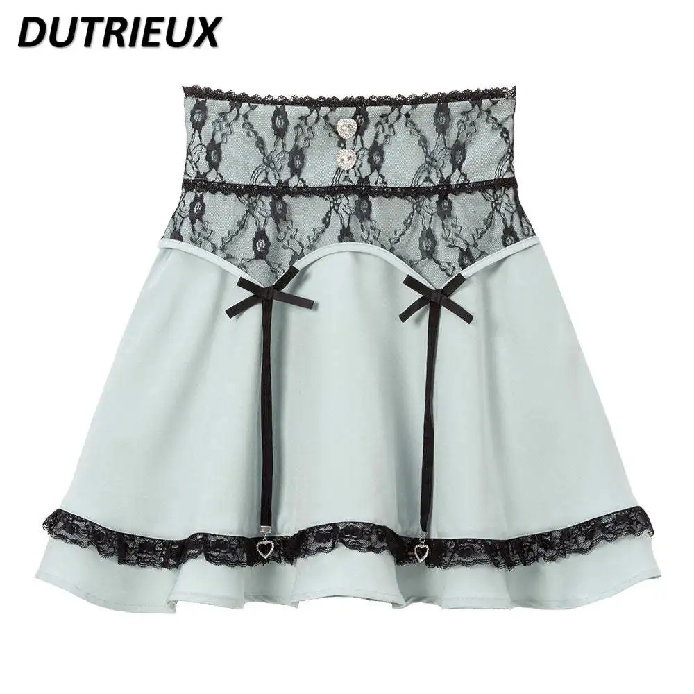 Japanese Style Sweet Girls Refined Grace Lace Stitching Short Skirt Summer High Waist Slimming Bow Cute A-line Mini Skirts