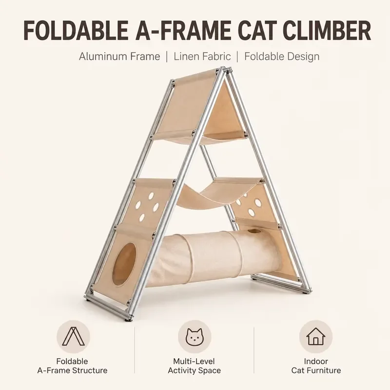 Foldable Indoor Cat Climbing Frame with Aluminum Structure Fabric Panel Hammock Tunnel Slim Storage Space for Small
