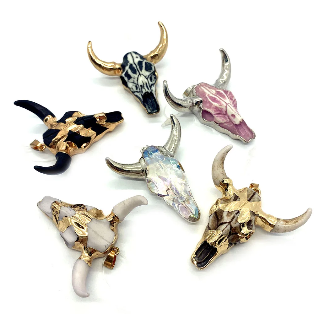 1pc Natural Stone Acrylic Necklace Pendants for Jewelry Making Charm Animal Bull Head Amulet DIY  Accessories  45x46mm Designer - Image 2