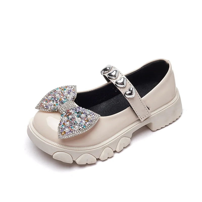 Fashion Girls Mary Jane Leather Shoes Blingbling Lace Bowknot and Pearl Decoration Princess Shoes Party Princess Girl Shoe