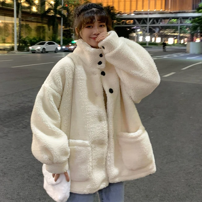 2024 Autumn Winter Lamb Wool Button Cardigan Jacket Women's Thicken Stand Collar Solid Fleece Hoodies Sweatshirt Women y2k Coats