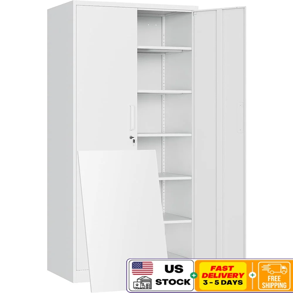 

Metal Storage Cabinet Lockable Doors 5 Adjustable Shelves Heavy Duty Steel Organizer Office Garage Home Storage Solutions