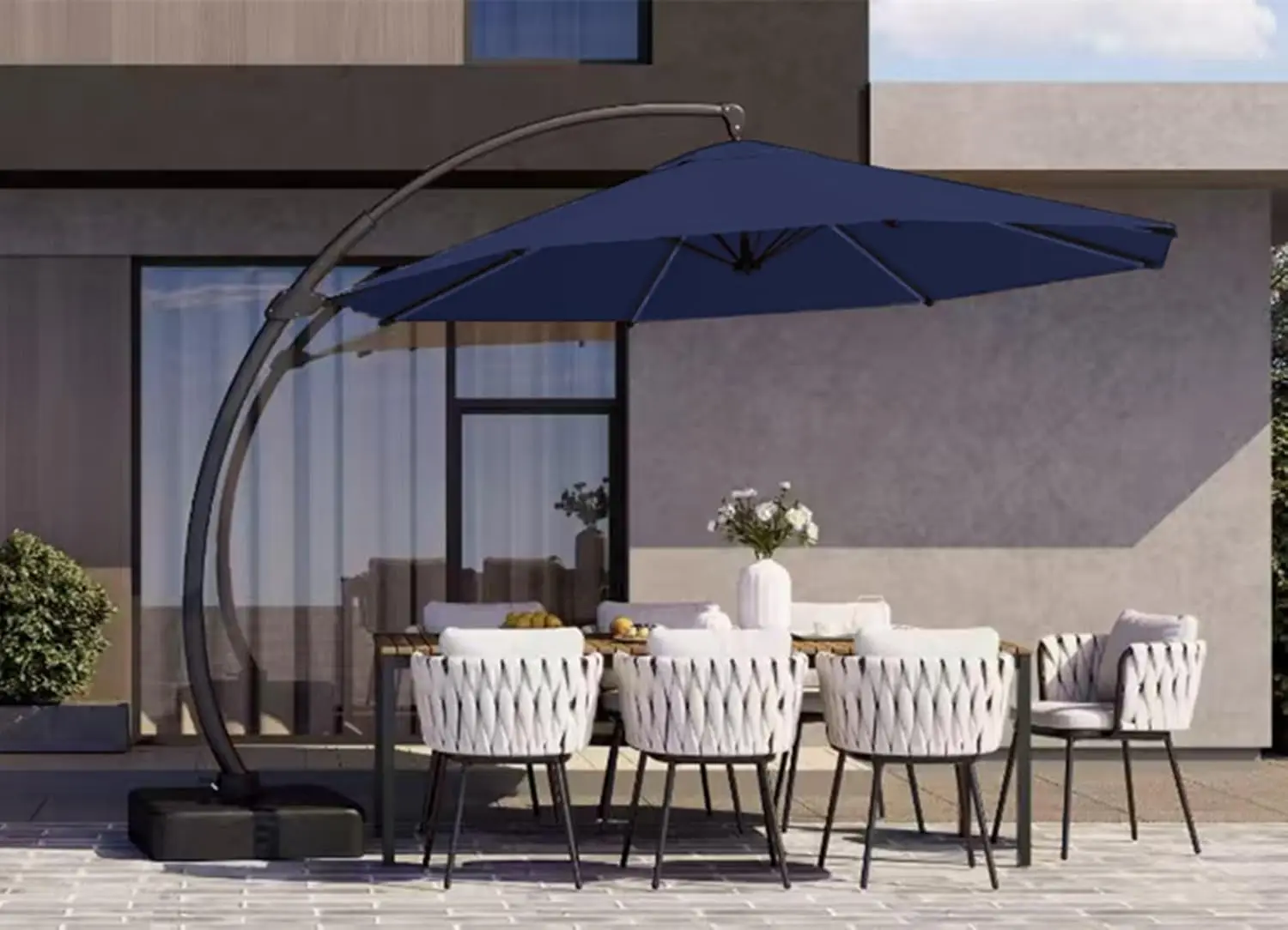 11ft Offset Patio Umbrella Solar Lights Round Base Aluminum Frame 360° Rotation & Tilt for Deck Pool Backyard Navy, Customized