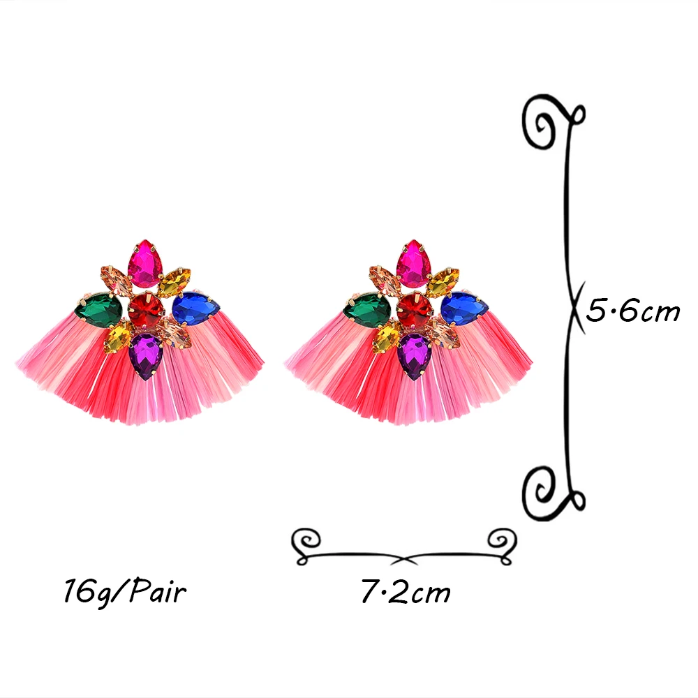 Exaggerated Handmade Multicolored Drop Earrings Rhinestone Fan Shaped Tassel Earrings Statement Jewelry