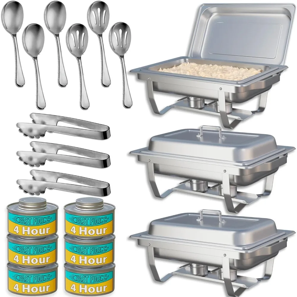 

3-Pack Chafing Dish Buffet Set + Fuel + Serving Utensils - Stainless Steel 8 Quart Full Size Buffet Warmers with 6 Fuel Cans,