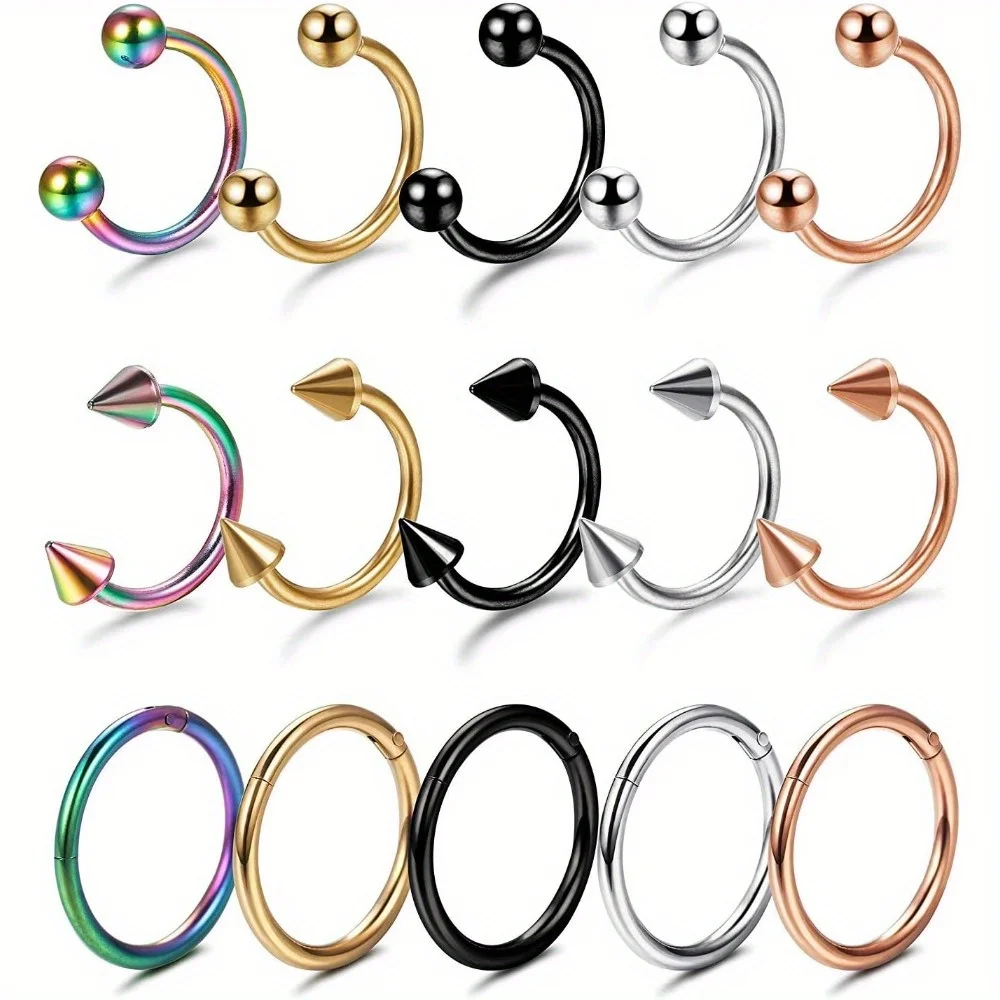 Drperfect 1Pc 16G Stainless Steel Fake Nose Ring Faux Piercing Jewelry Set Hoop Fake Nose Ring Faux Lip Septum Ring 8mm/ 10mm