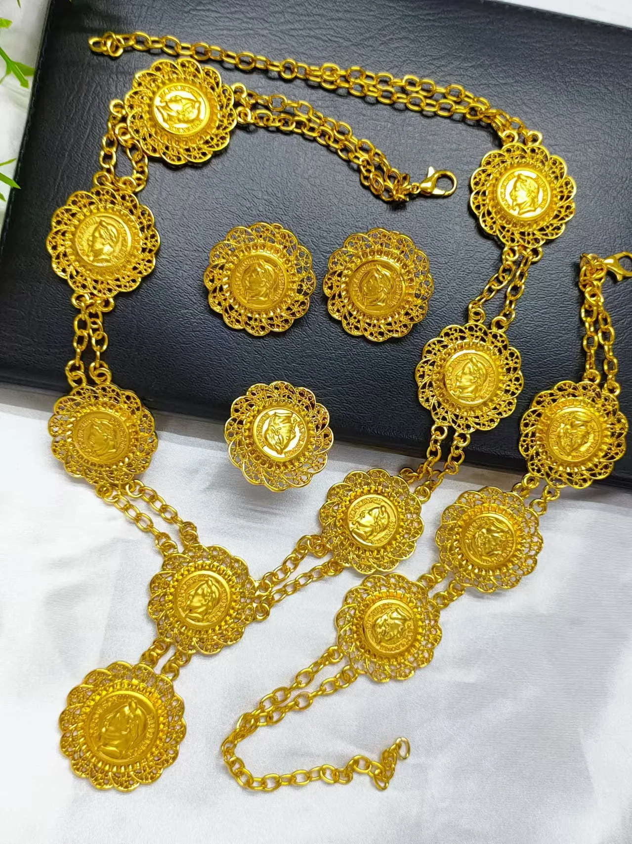 Ethiopian 24K Gold Color Coins Jewelry Set African Hawaiian Luxury Necklace Bracelet Pendant Set Dubai Wedding Gifts