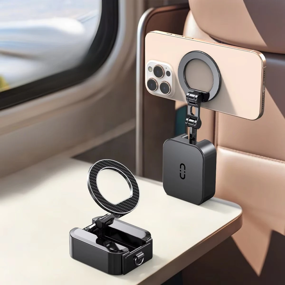 

2025 New 360° Rotatable Magnetic Travel Phone Holder, ABS+Carbon Steel, Foldable Stand for Rail/Plane/Desktop Phone Grip