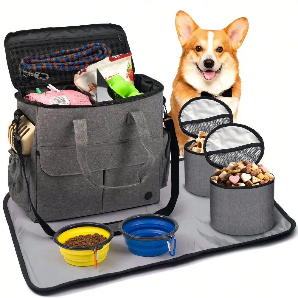 

Dog Travel Bag Pet Carrier Set With 2 Collapsible Bowls MultiCompartment Design Zipper Closure Ideal For Overnight Trips Hallow