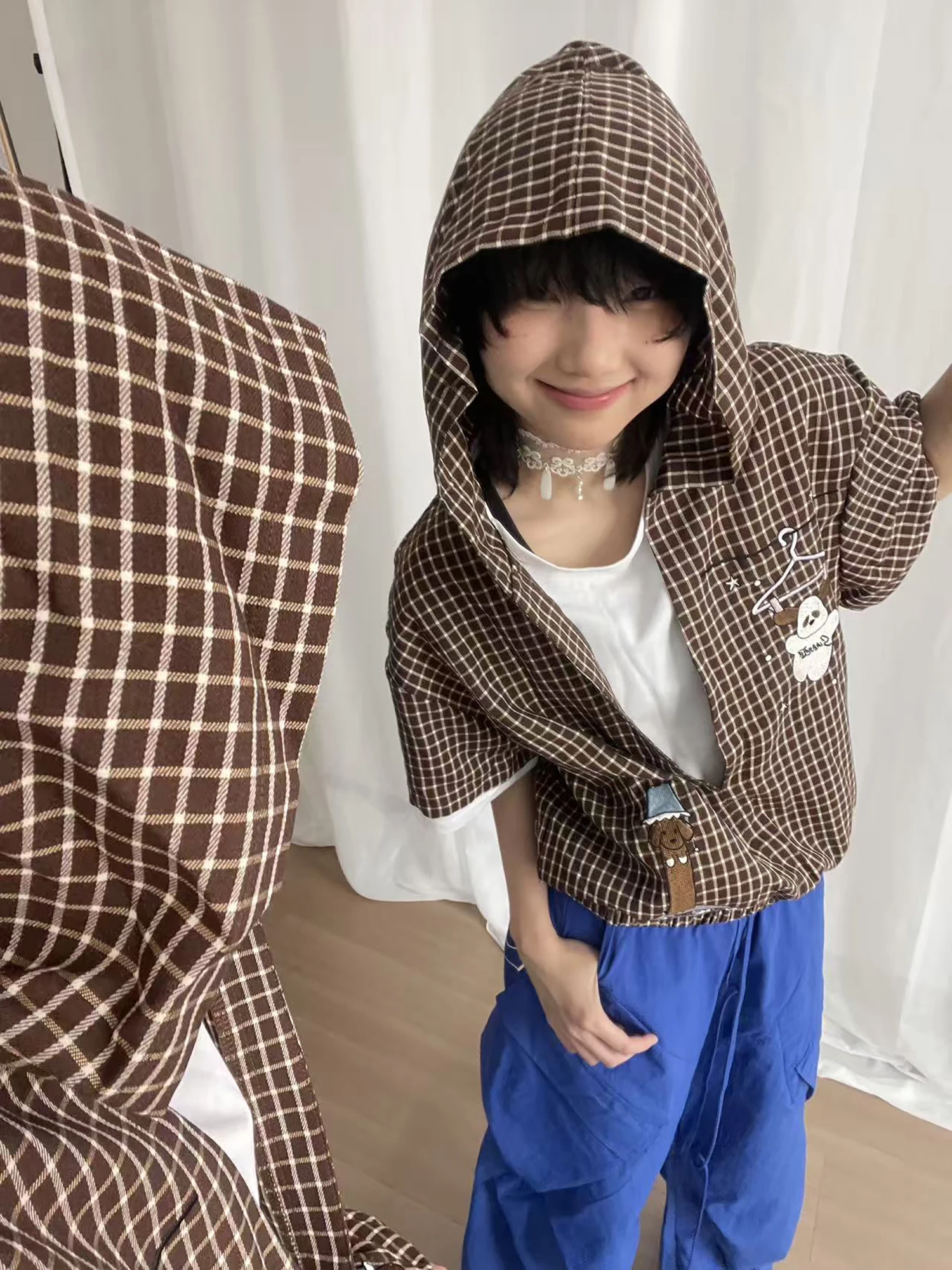 

Summer Plaid Dog Embroidery Loose Casual Women's T-irt ort Sve Hoodie adow Pl Fake Two-Piece Couple Tops